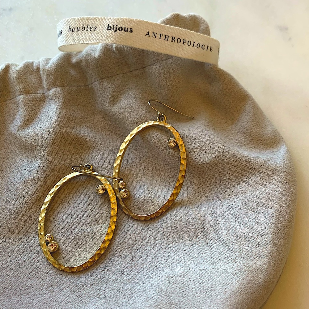 Anthropologie Hammered-Gold Wire Earrings with Bezel-Set Crystals
